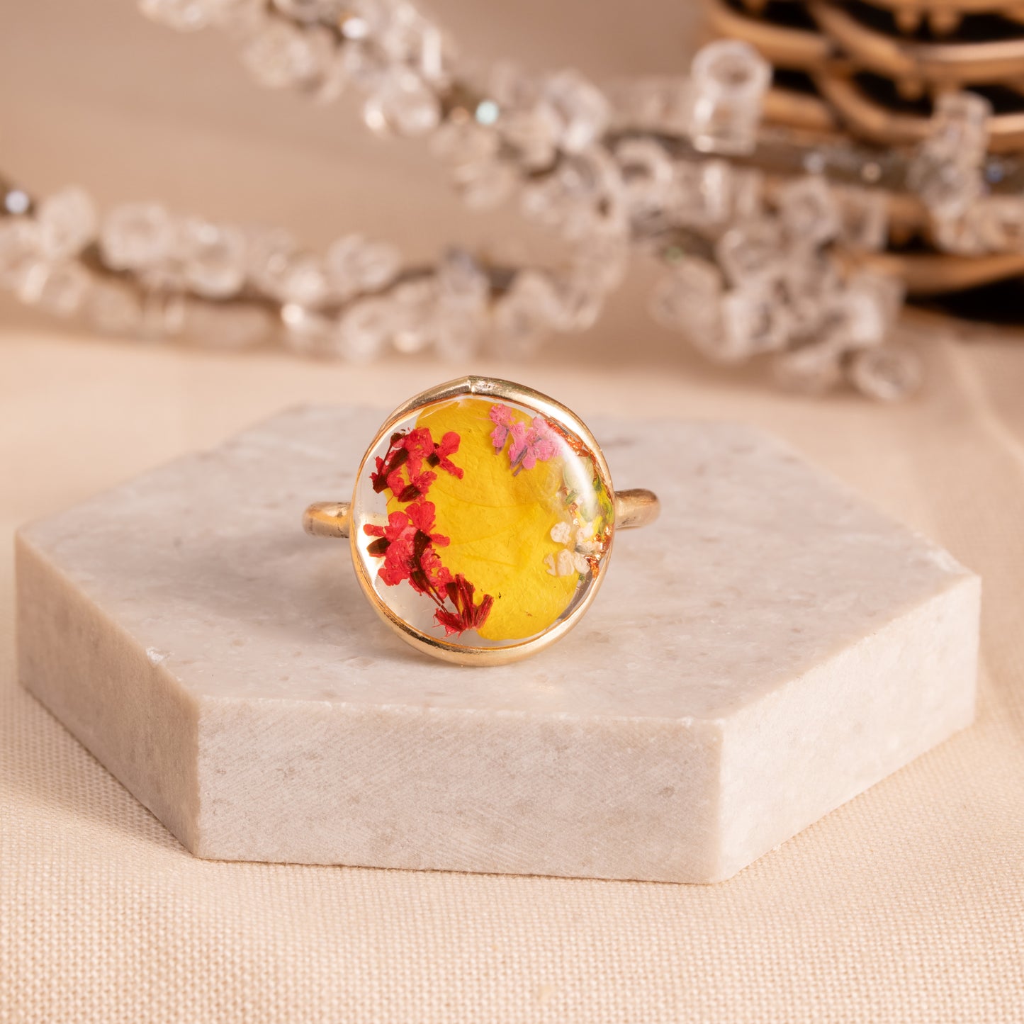 Flower Ring with Real Floral Inlay – Artisan Crafted Jewelry