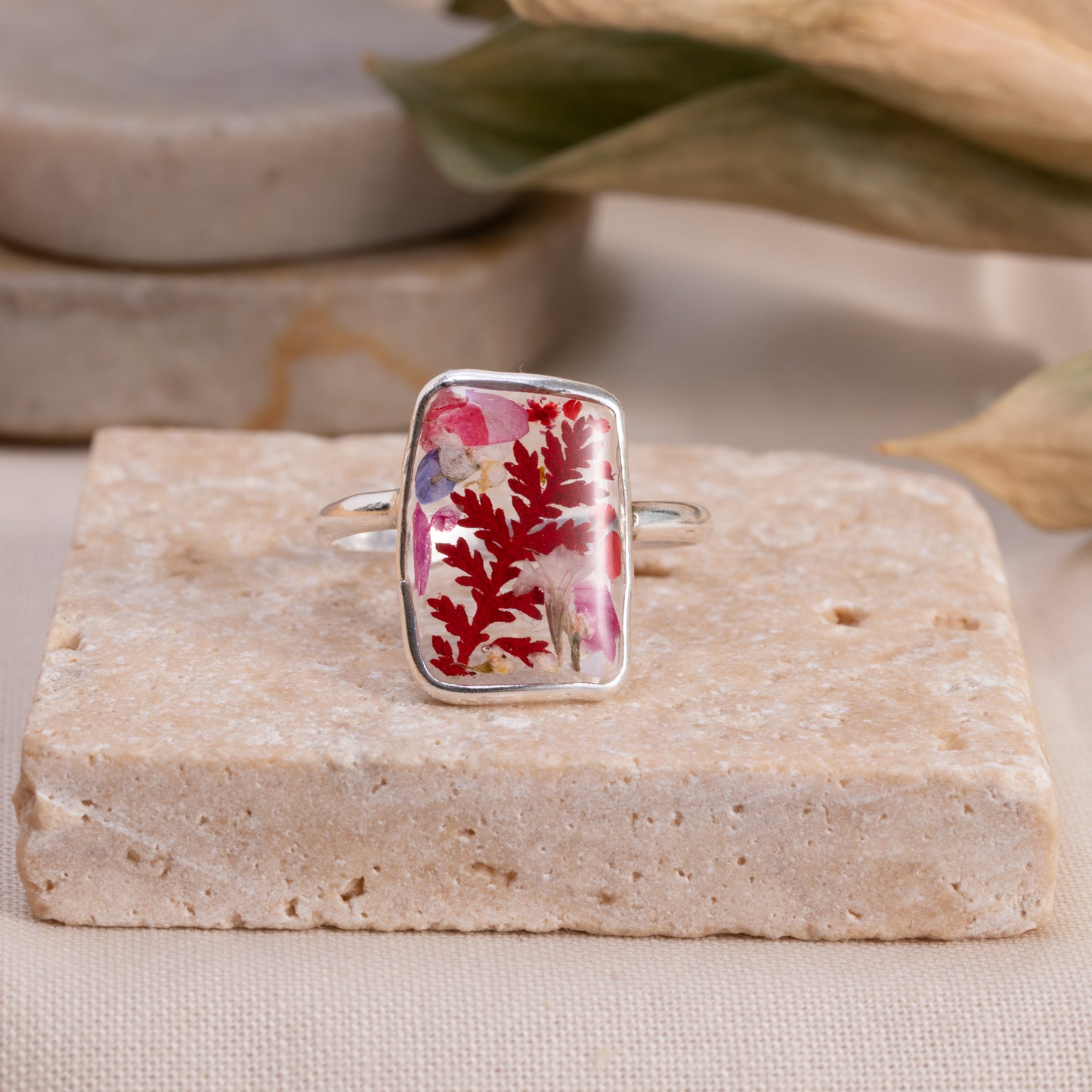 Sterling Silver Ring with Real Flower – Preserved in Clear Resin