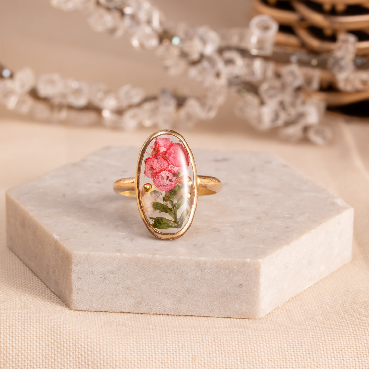 Flower Ring with Pressed Real Flowers – Gold-Filled Handmade Band