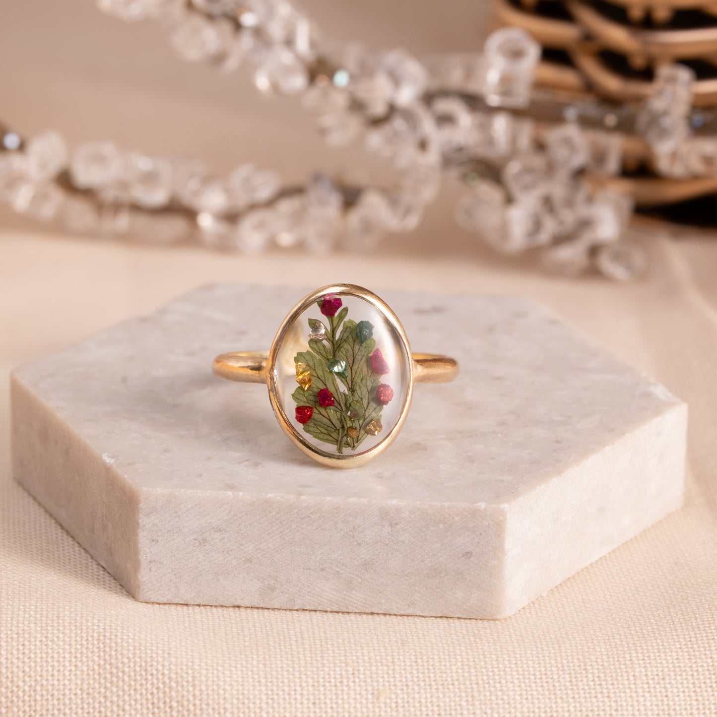 Flower Ring with Real Wildflowers – Handmade Gold-Filled Band