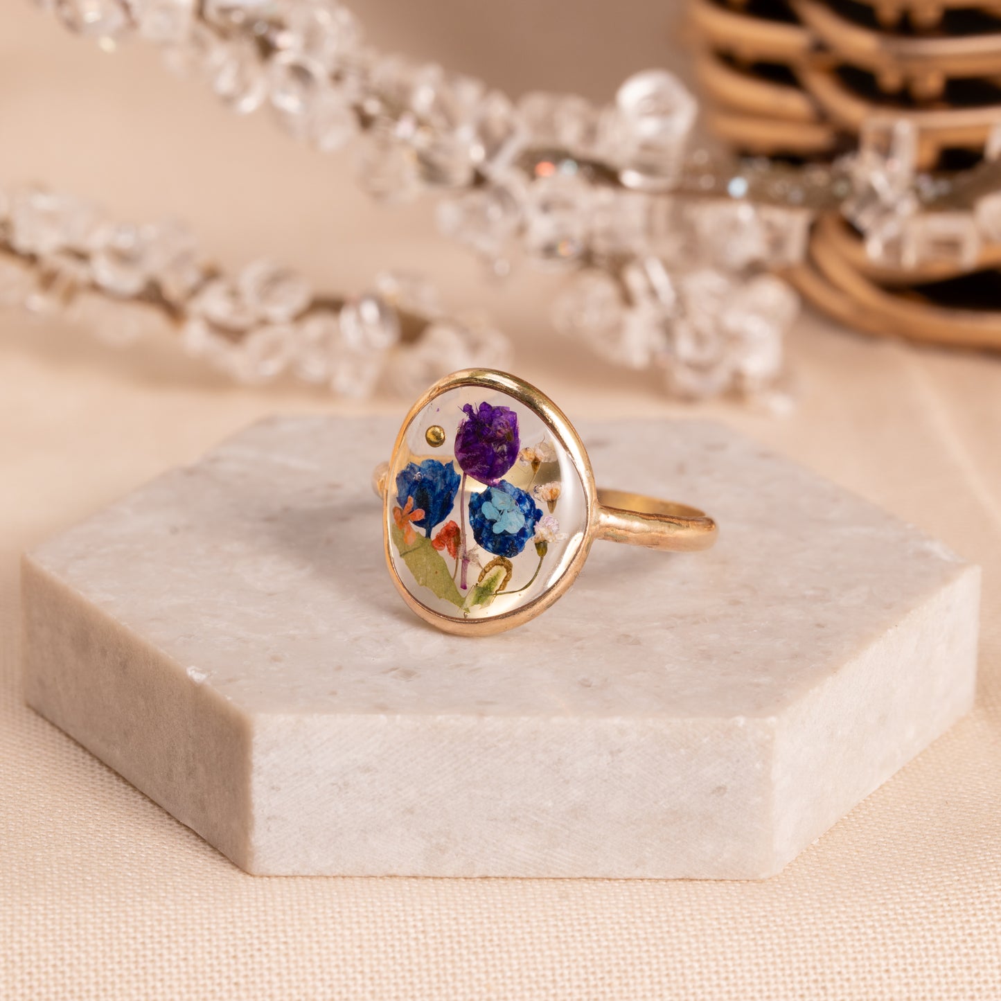 Handcrafted Gold-Filled Ring with Real Pressed Flowers