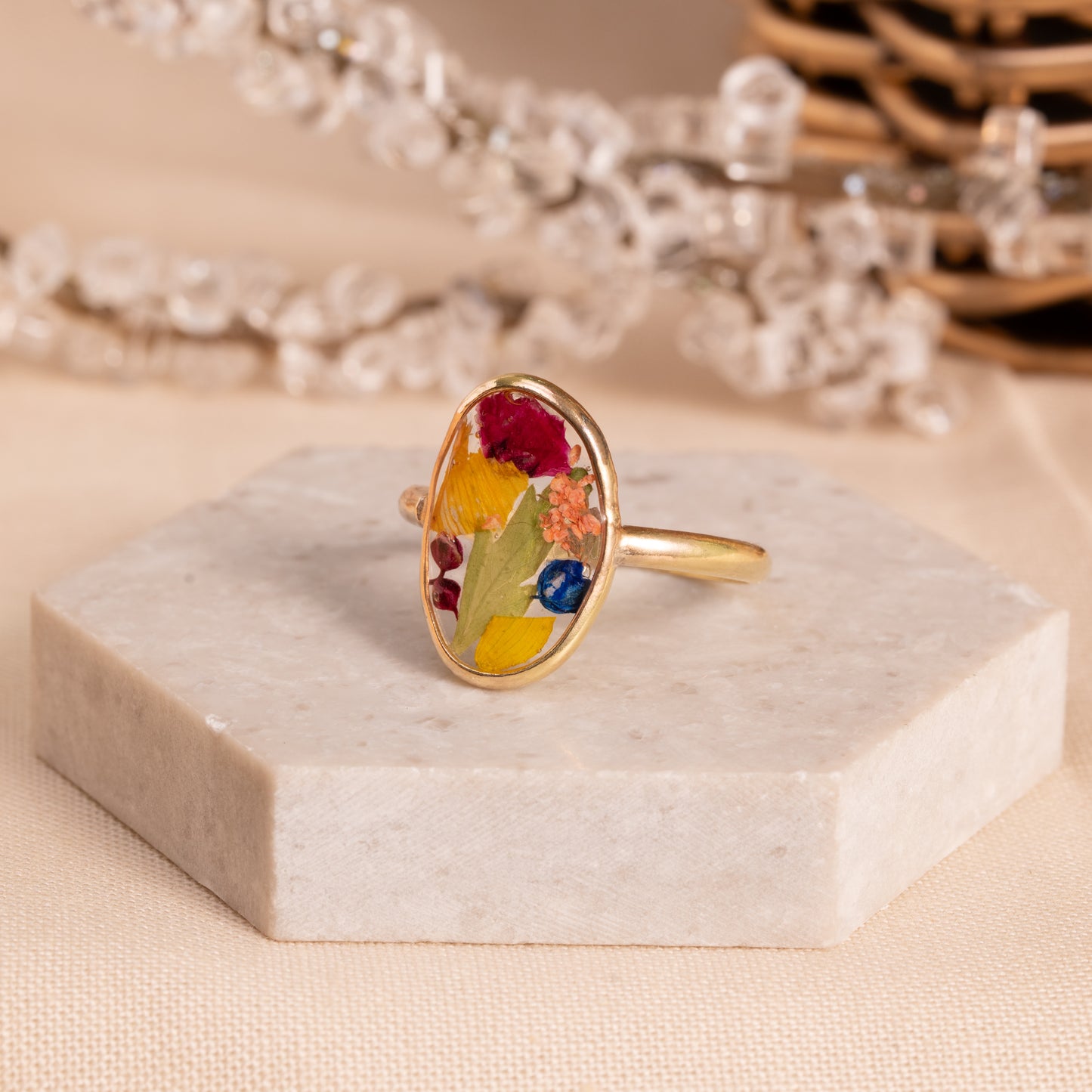 Flower Ring with Natural Petal Inlay – Handmade Jewelry