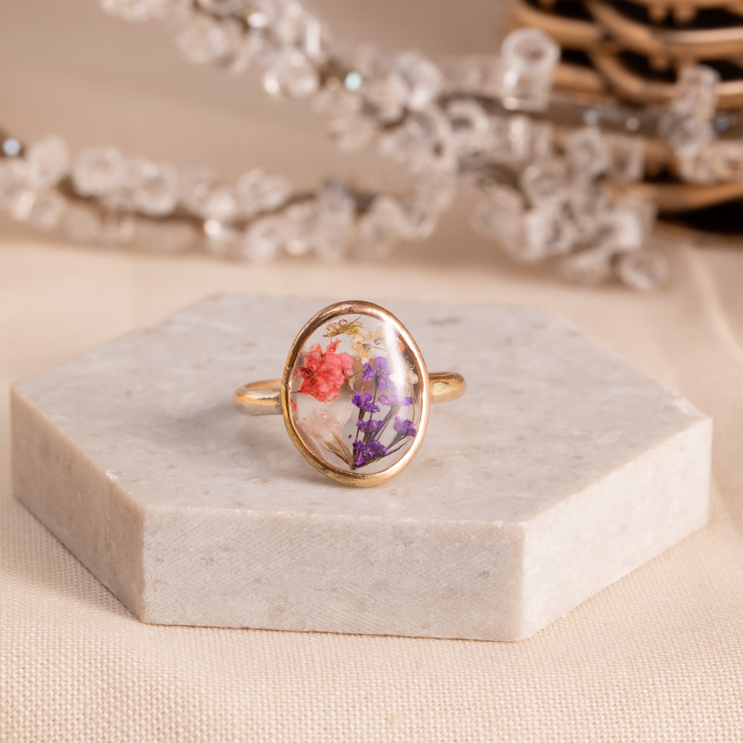 Flower Ring with Natural Floral Inlay – Gold-Filled Setting