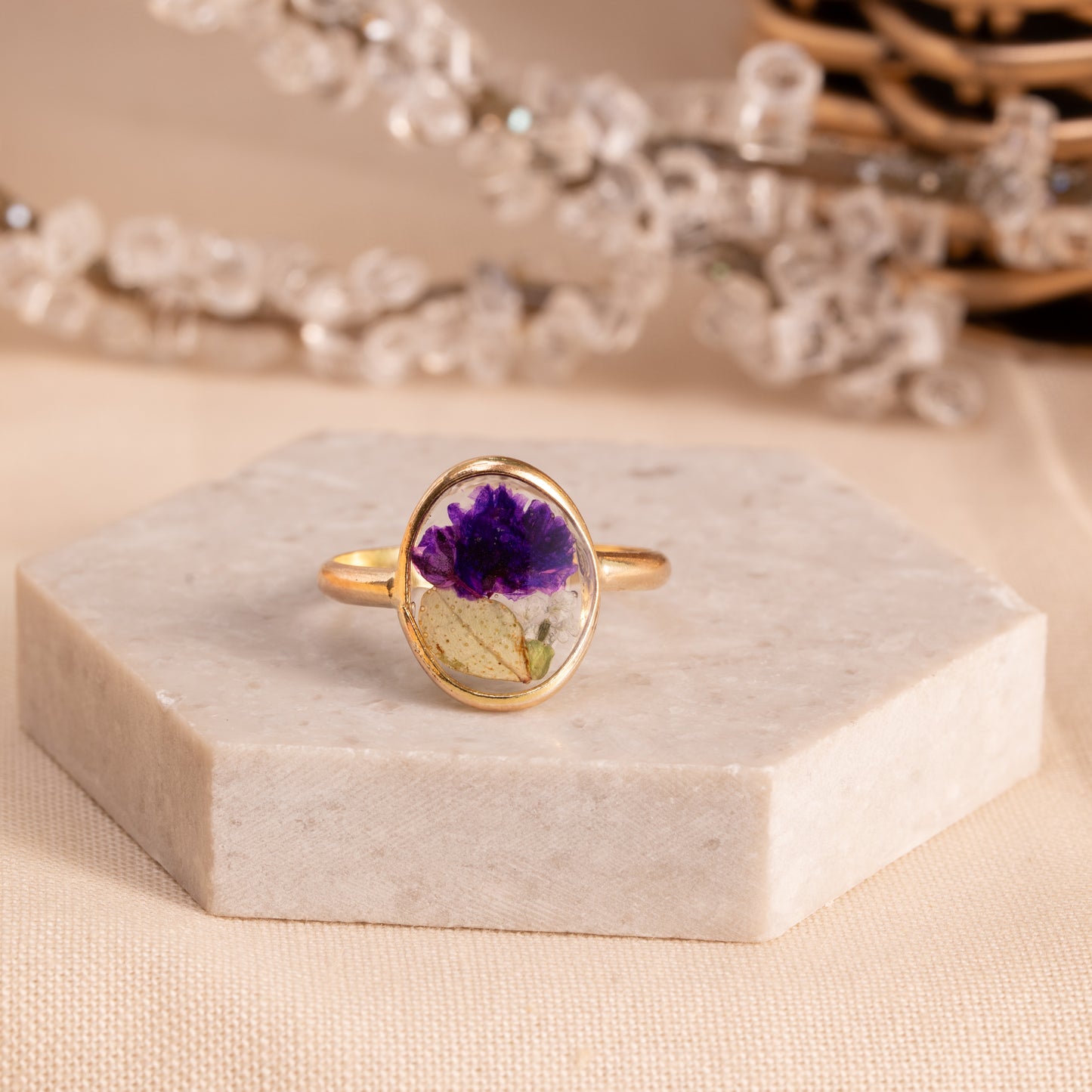 Artisan Gold-Filled Ring with Pressed Flowers – Nature Jewelry