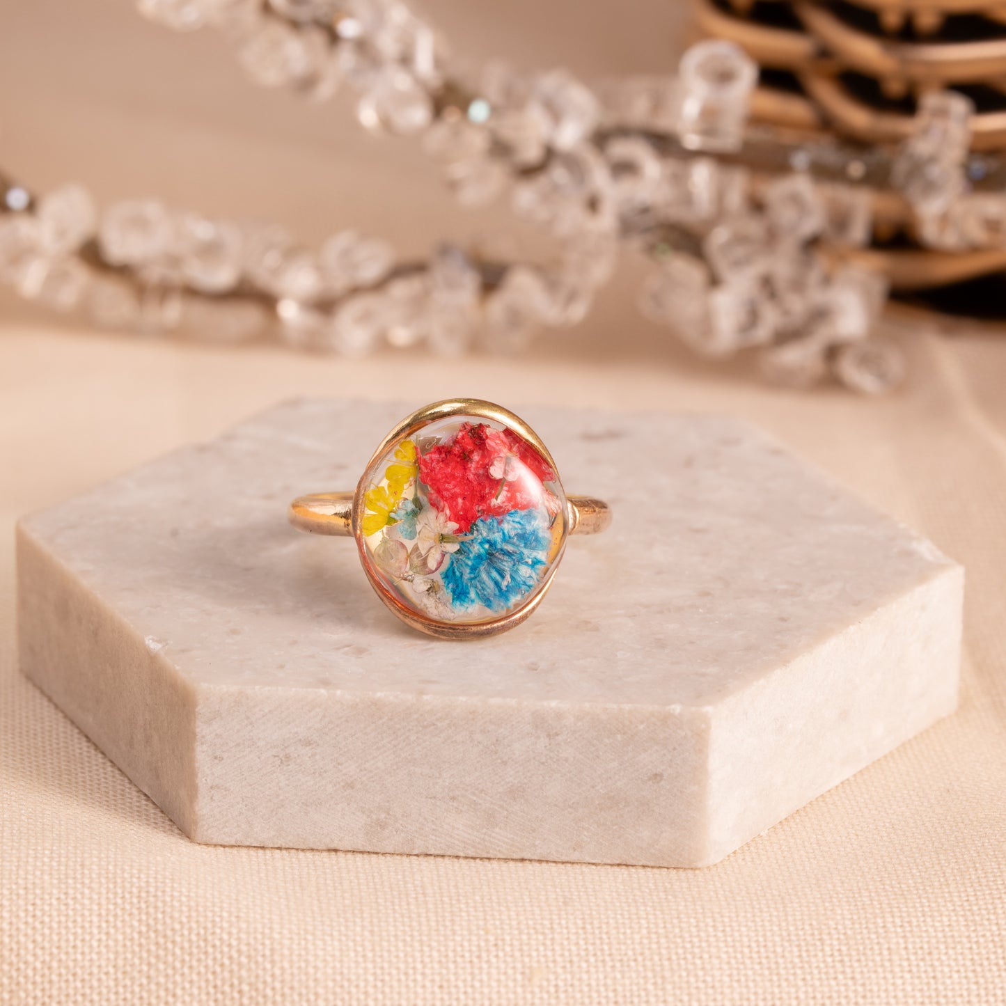 Flower Ring with Hand-Pressed Florals – Gold-Filled Band