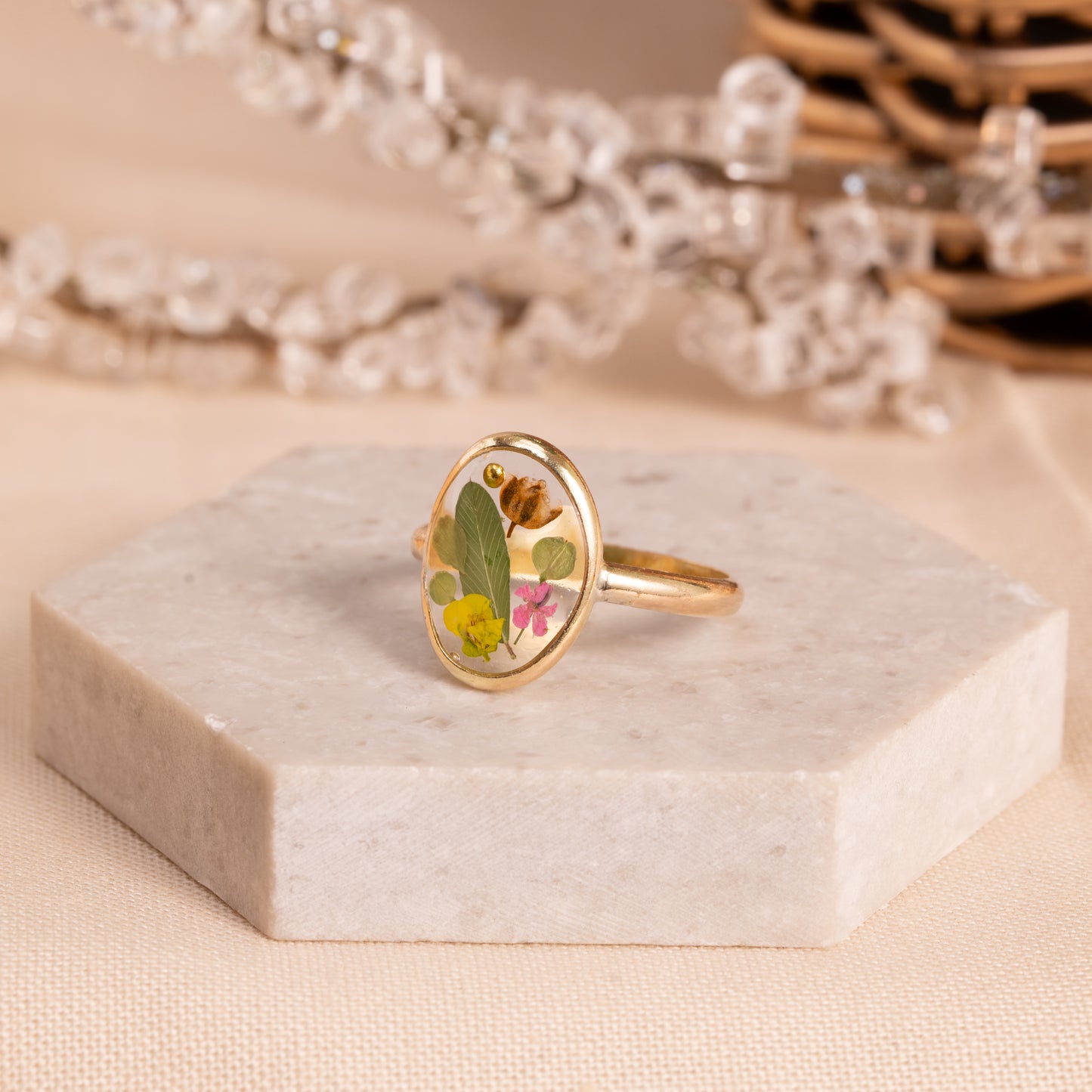 Flower Ring with Real Wildflowers – Artisan Gold-Filled Band