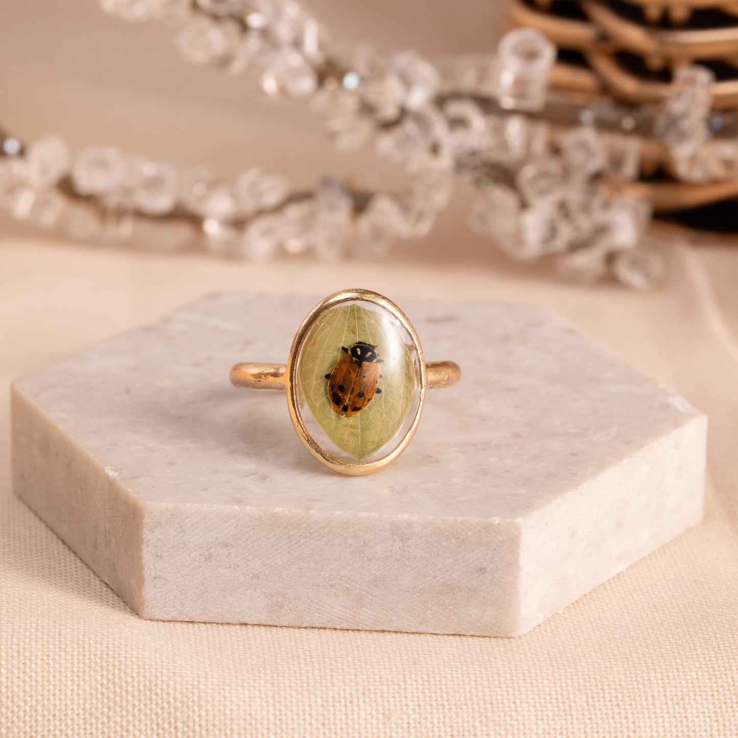 Leaf Ring with Ladybug– Handmade Gold Jewelry