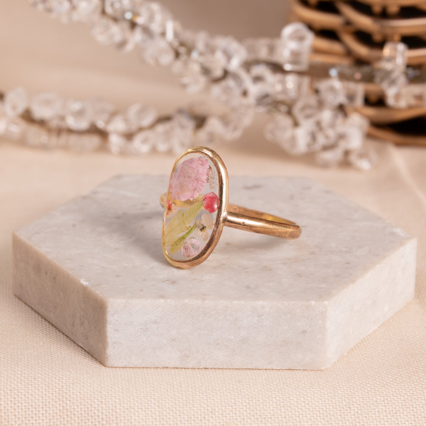 Flower Ring with Real Flowers in Gold-Filled Setting