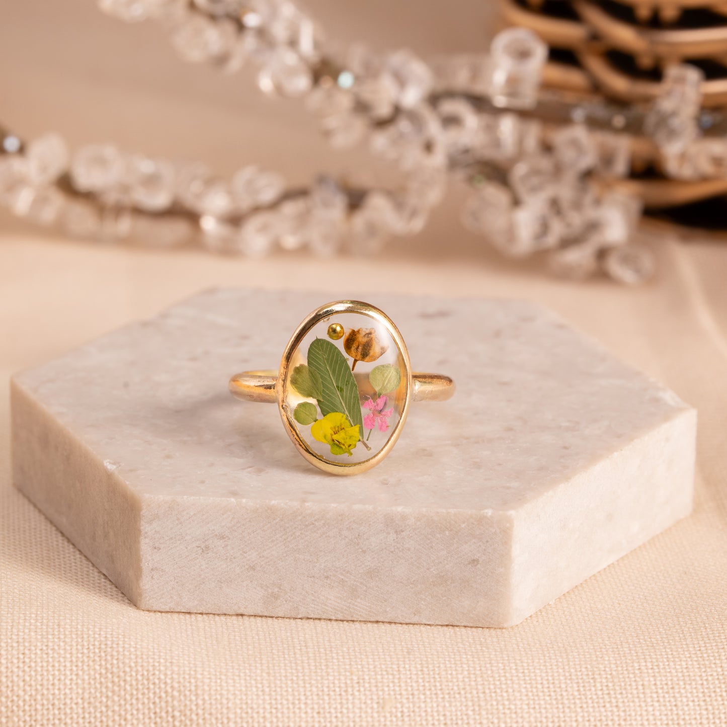 Flower Ring with Real Wildflowers – Artisan Gold-Filled Band