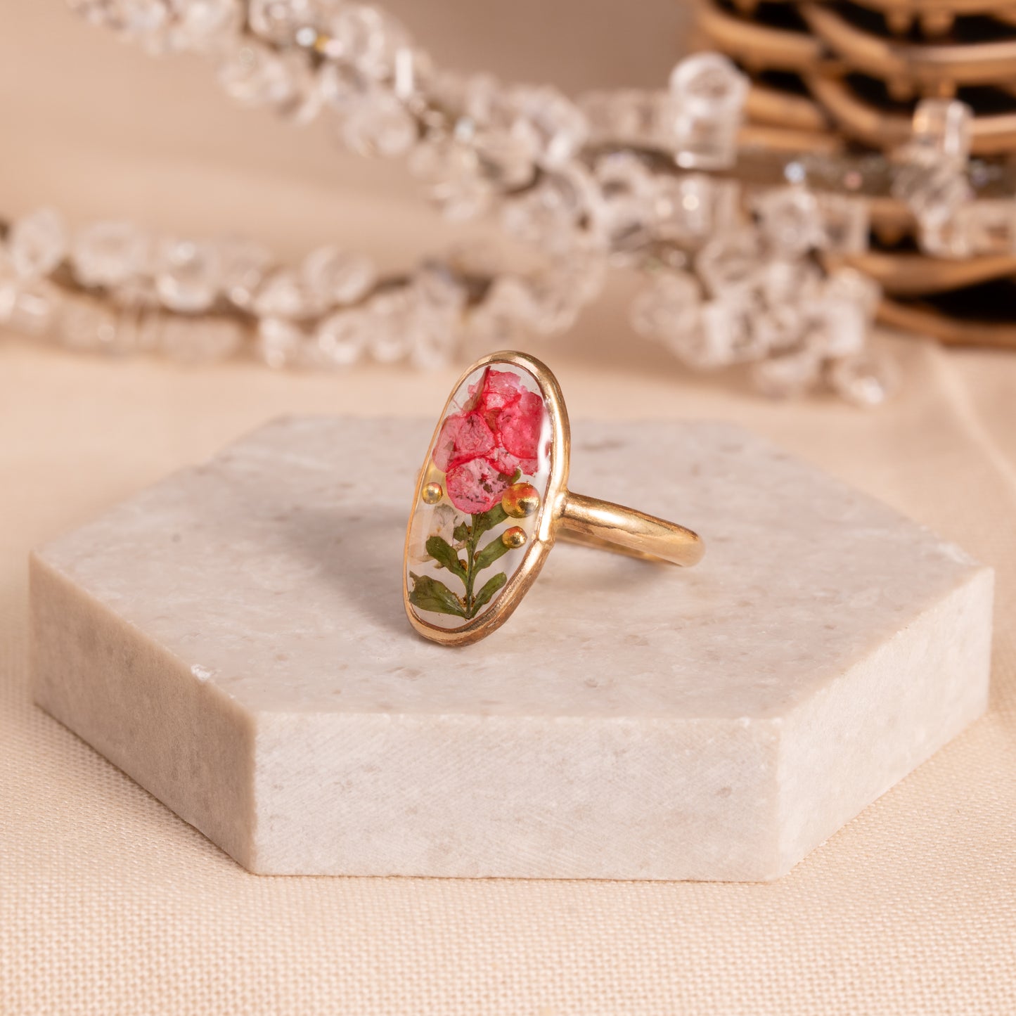 Flower Ring with Pressed Real Flowers – Gold-Filled Handmade Band