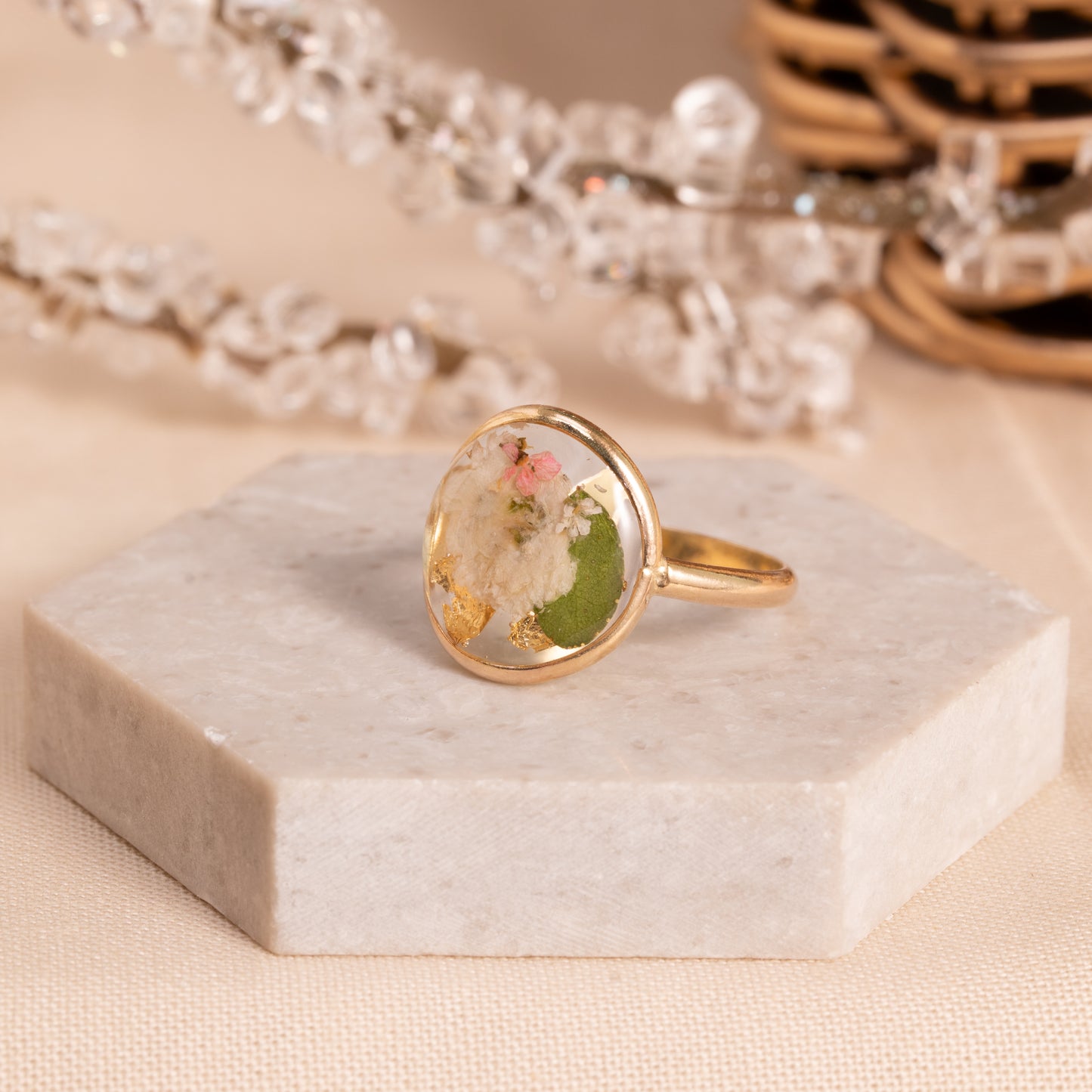 Artisan Gold-Filled Ring with Real Dried Flowers