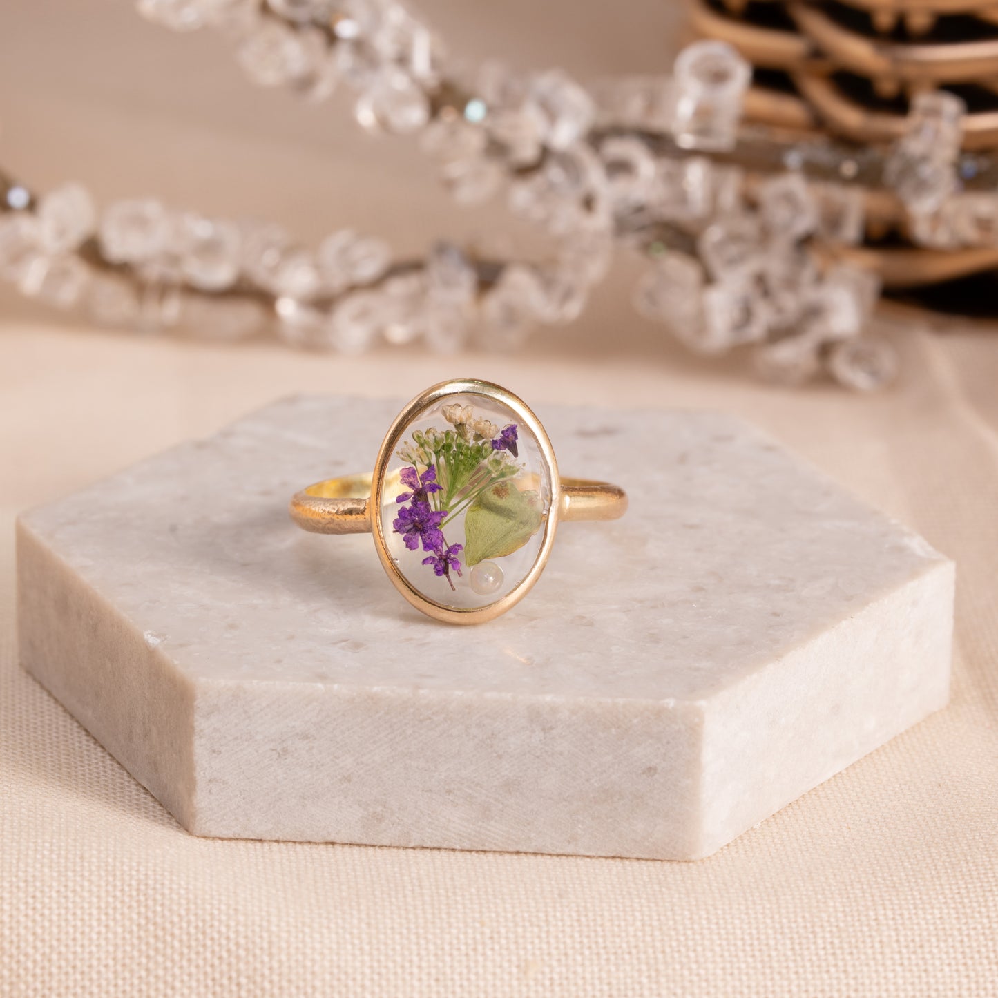 Flower Ring with Real Petals in Resin – Artisan Gold-Filled Band