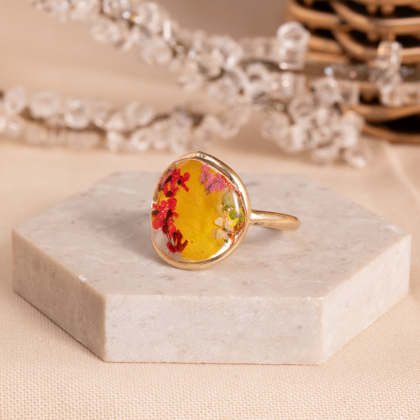 Flower Ring with Real Floral Inlay – Artisan Crafted Jewelry