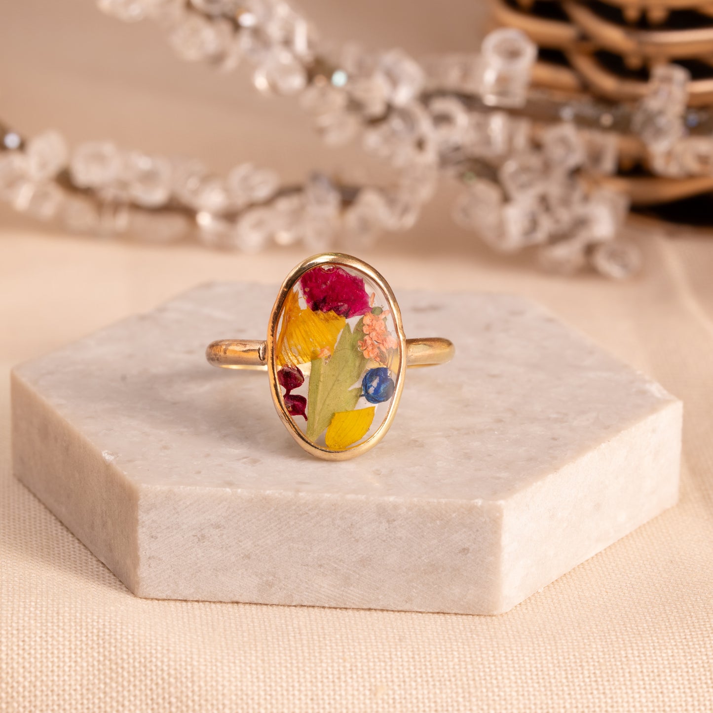 Flower Ring with Natural Petal Inlay – Handmade Jewelry