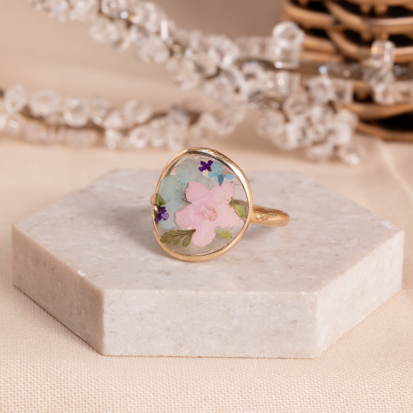 Flower Ring with Natural Petal Design – Gold-Filled Keepsake