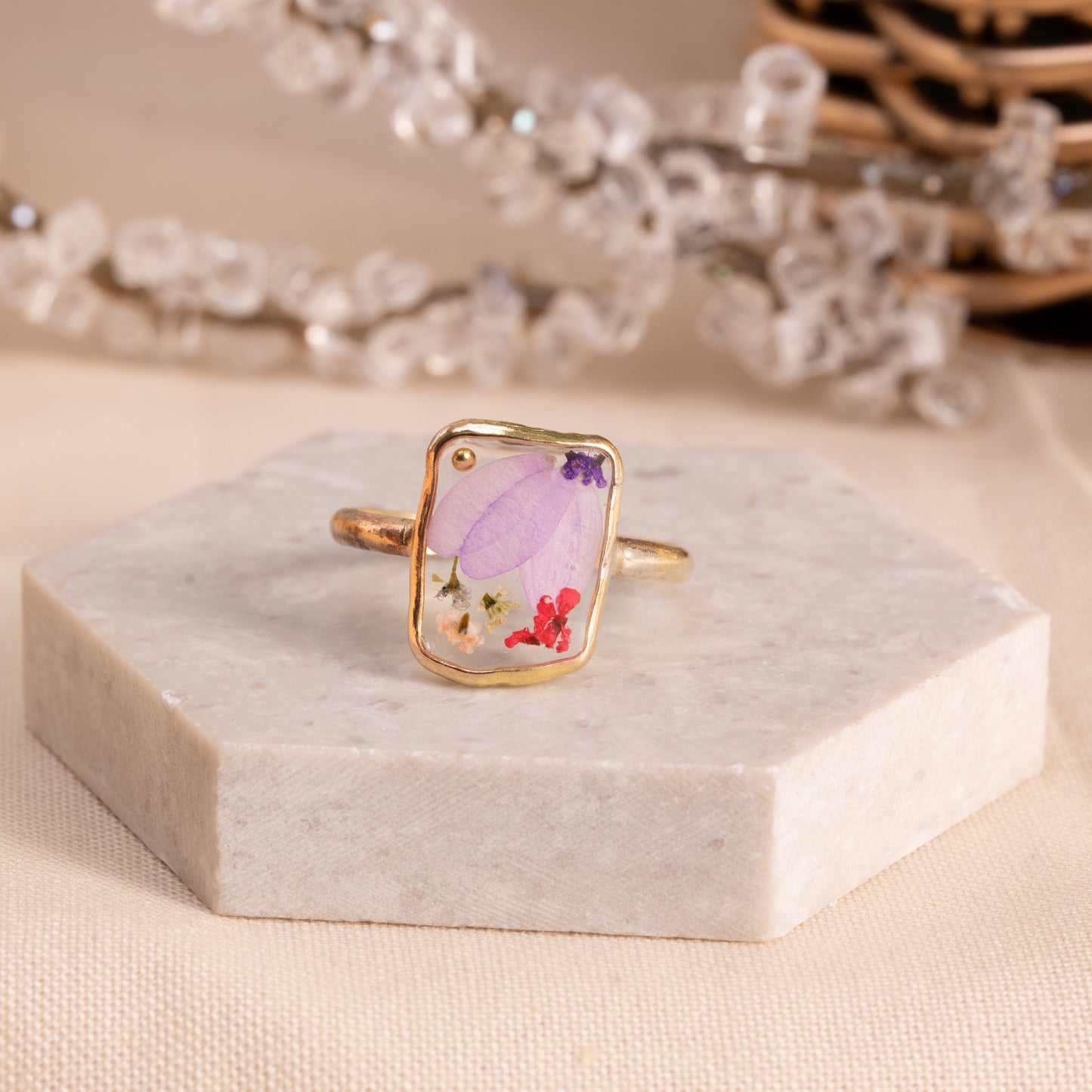 Flower Ring with Real Petals – Gold-Filled Artisan Jewelry