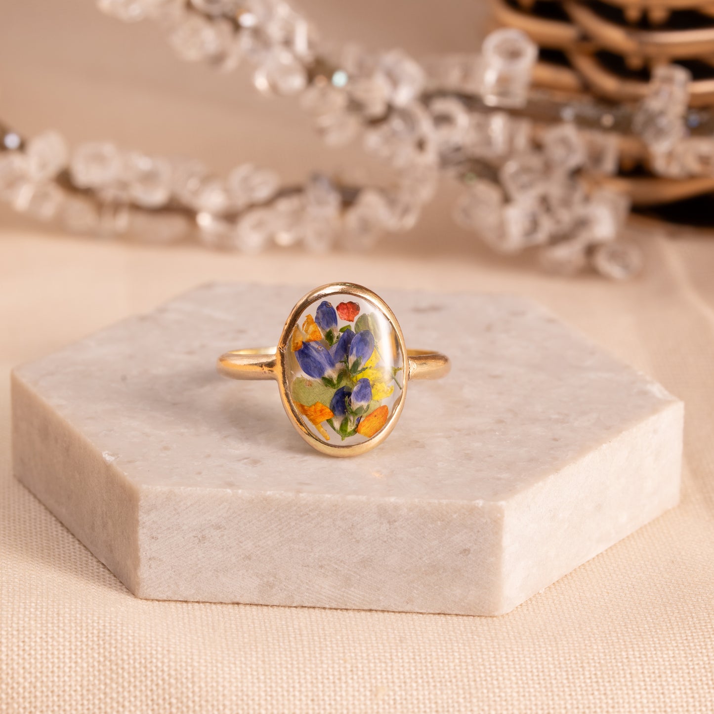 Flower Ring with Hand-Pressed Florals – Gold-Filled Band