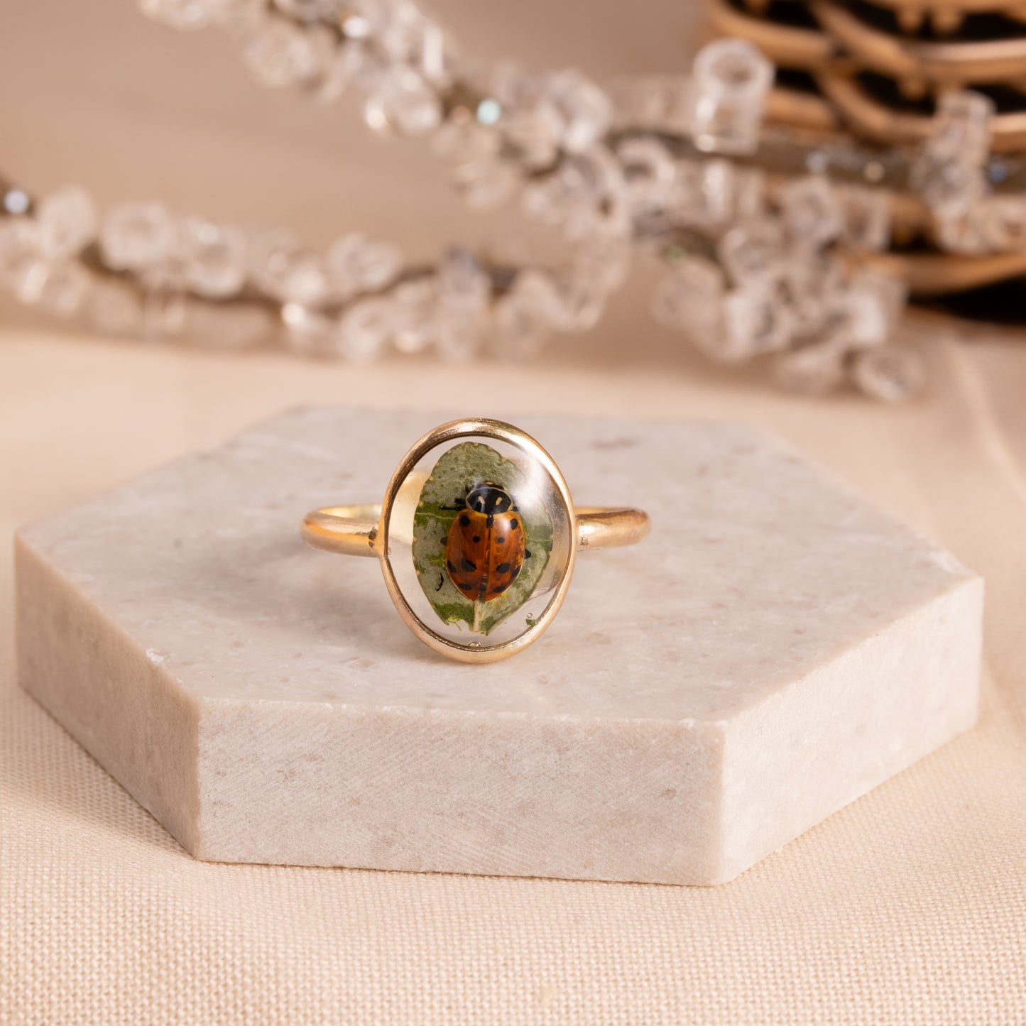 Leaf Ring with Real Ladybug– Artisan Gold Filled Band