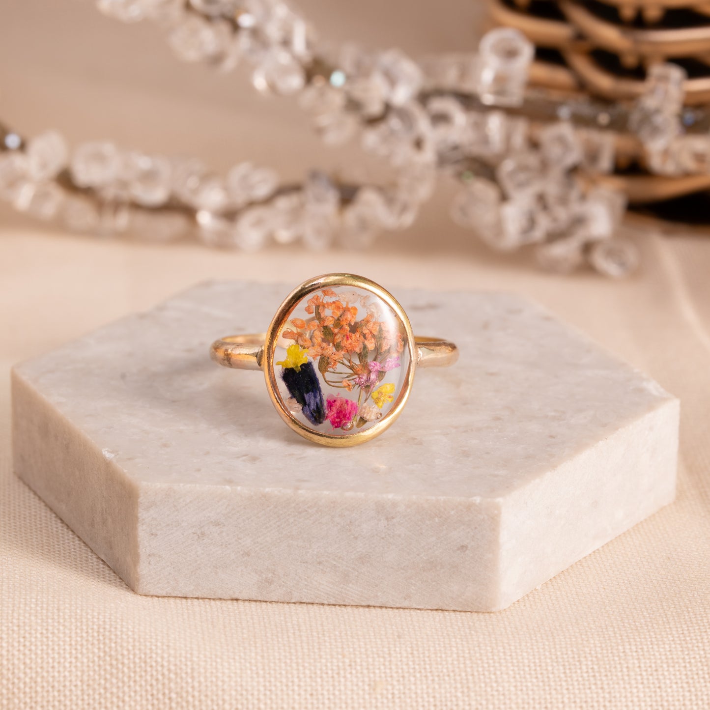 Delicate Gold-Filled Floral Ring with Pressed Flowers – Artisan Made