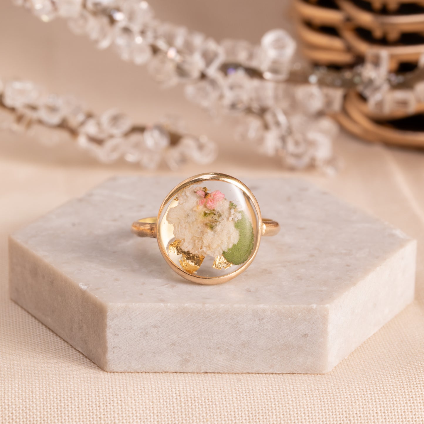 Artisan Gold-Filled Ring with Real Dried Flowers