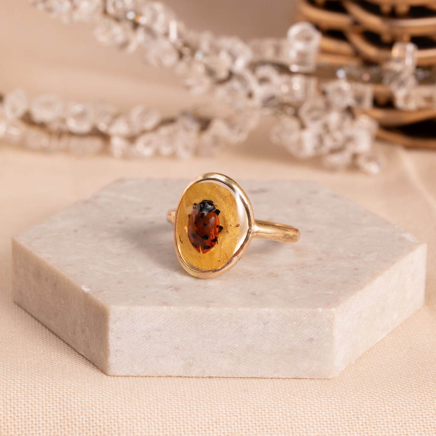 Lead Ring with Real Ladybug– Artisan Gold Band