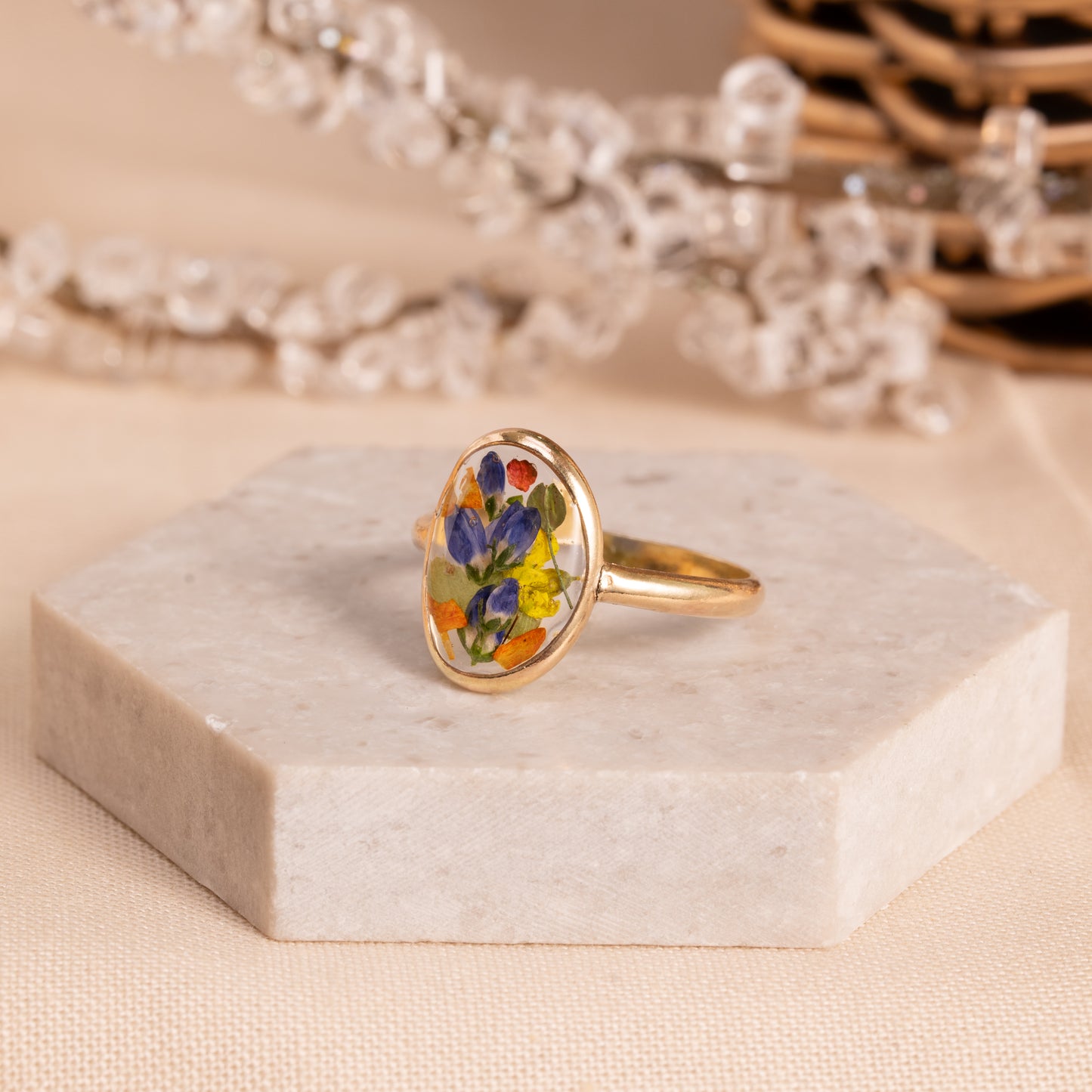 Flower Ring with Hand-Pressed Florals – Gold-Filled Band