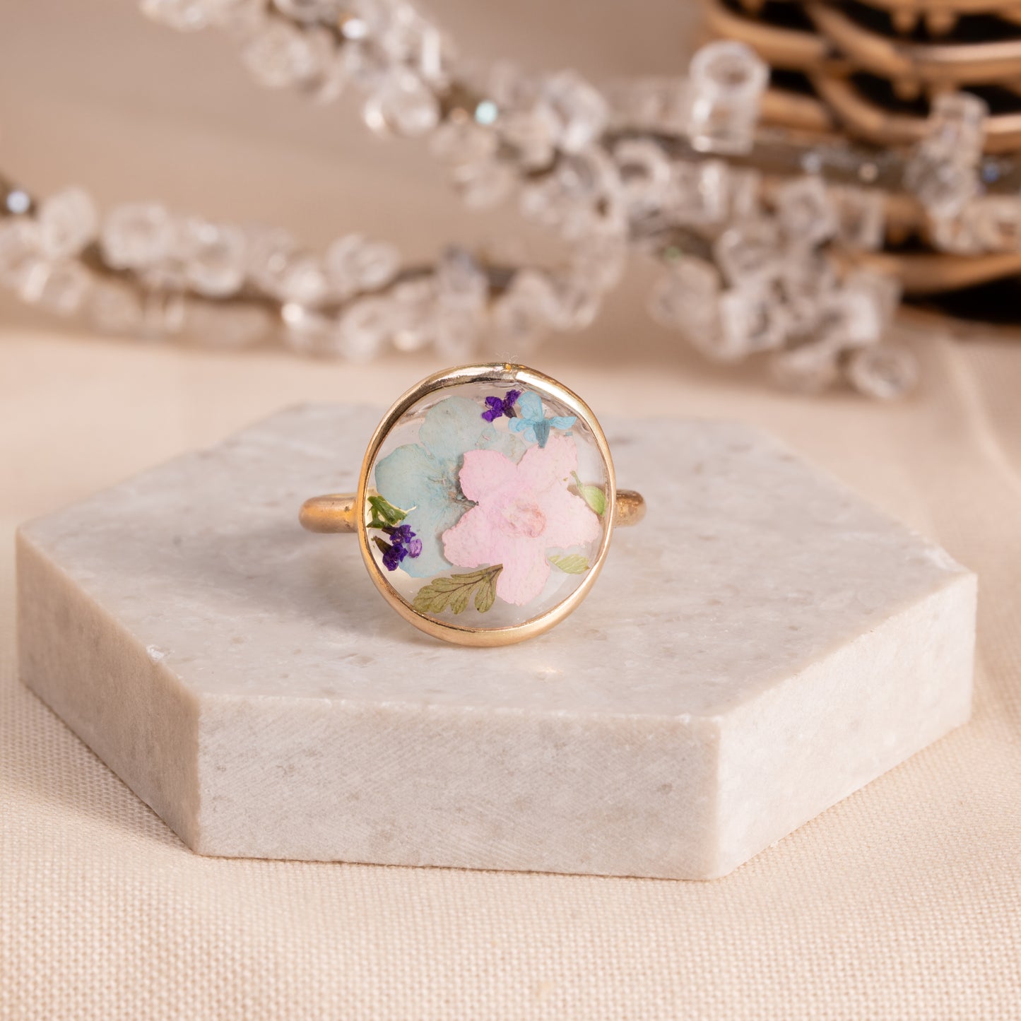 Flower Ring with Natural Petal Design – Gold-Filled Keepsake