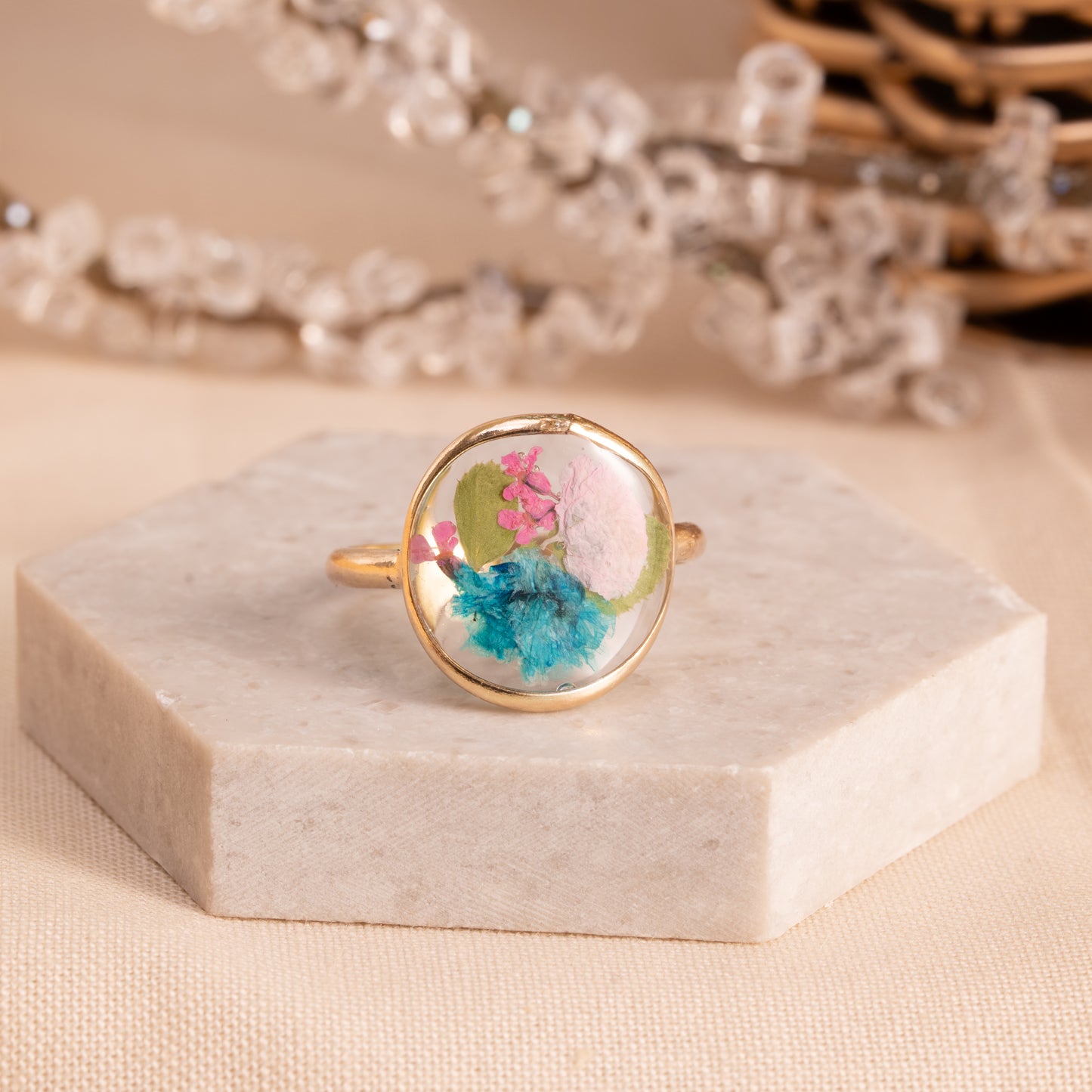 Flower Ring with Pressed Flowers and Gold-Filled Band