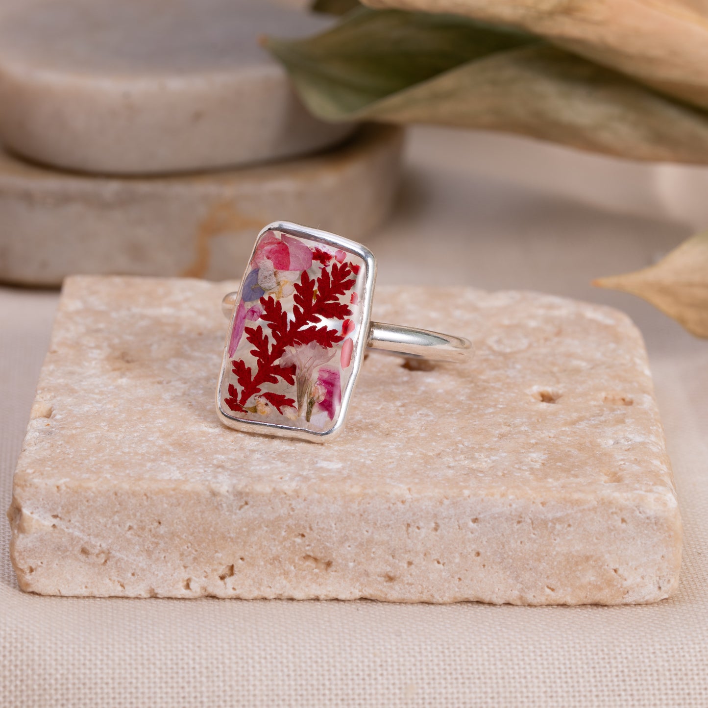 Sterling Silver Ring with Real Flower – Preserved in Clear Resin