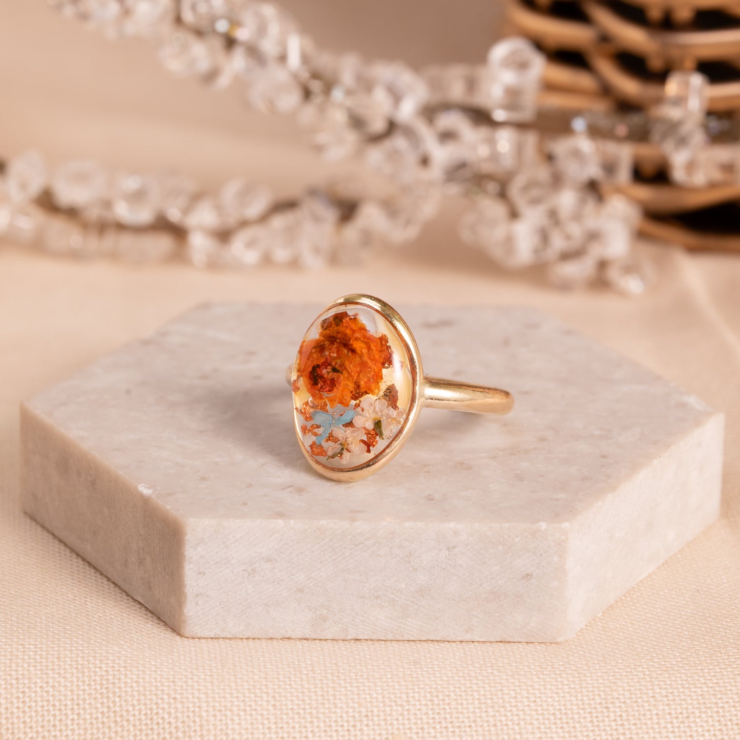 Flower Ring with Real Pressed Petals – Gold-Filled Band