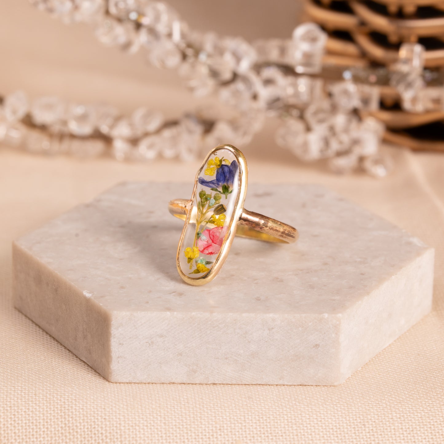 Flower Ring with Natural Flower Inlay – Gold-Filled Jewelry Gift