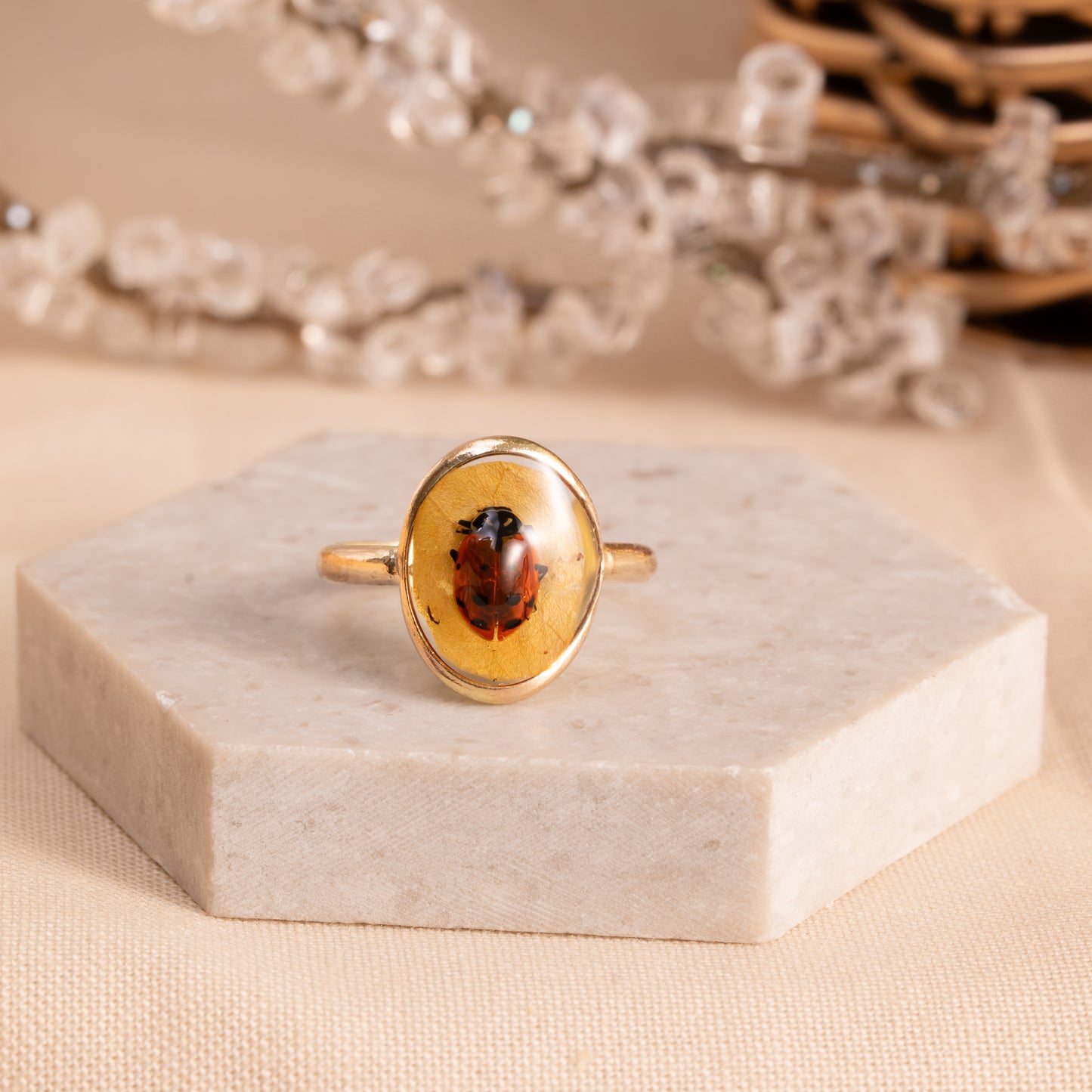 Lead Ring with Real Ladybug– Artisan Gold Band