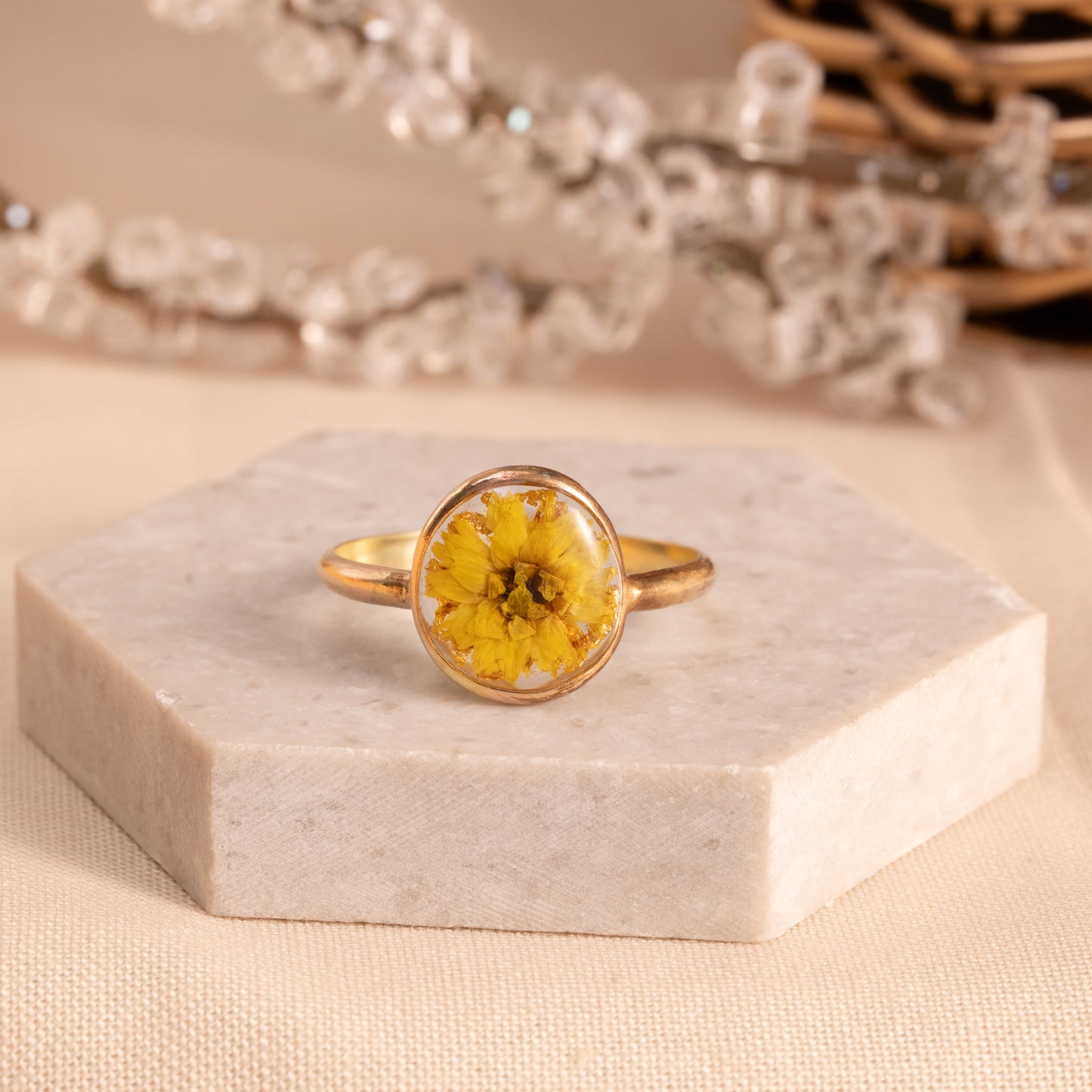 Gold-Filled Ring with Real Flowers – Unique Handmade Design