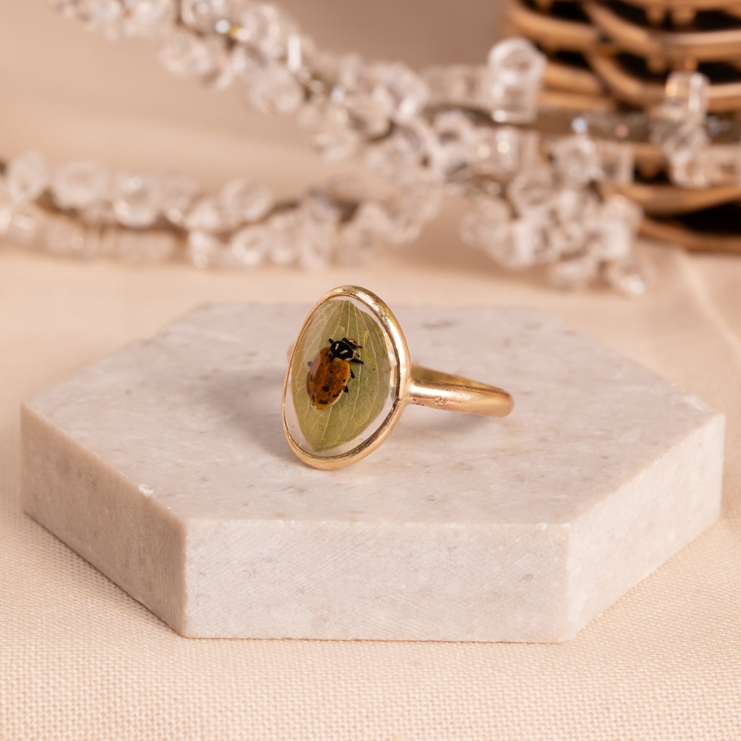 Leaf Ring with Ladybug– Handmade Gold Jewelry