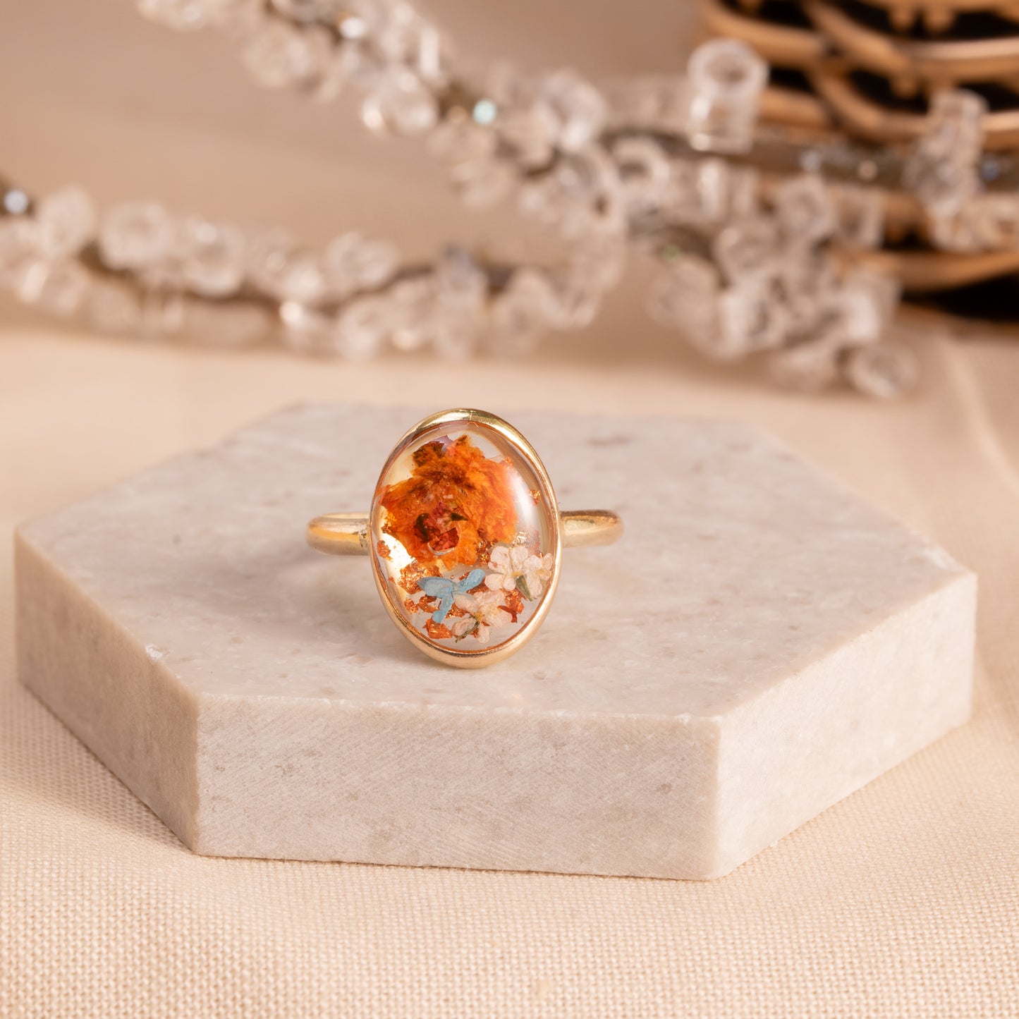 Flower Ring with Real Pressed Petals – Gold-Filled Band