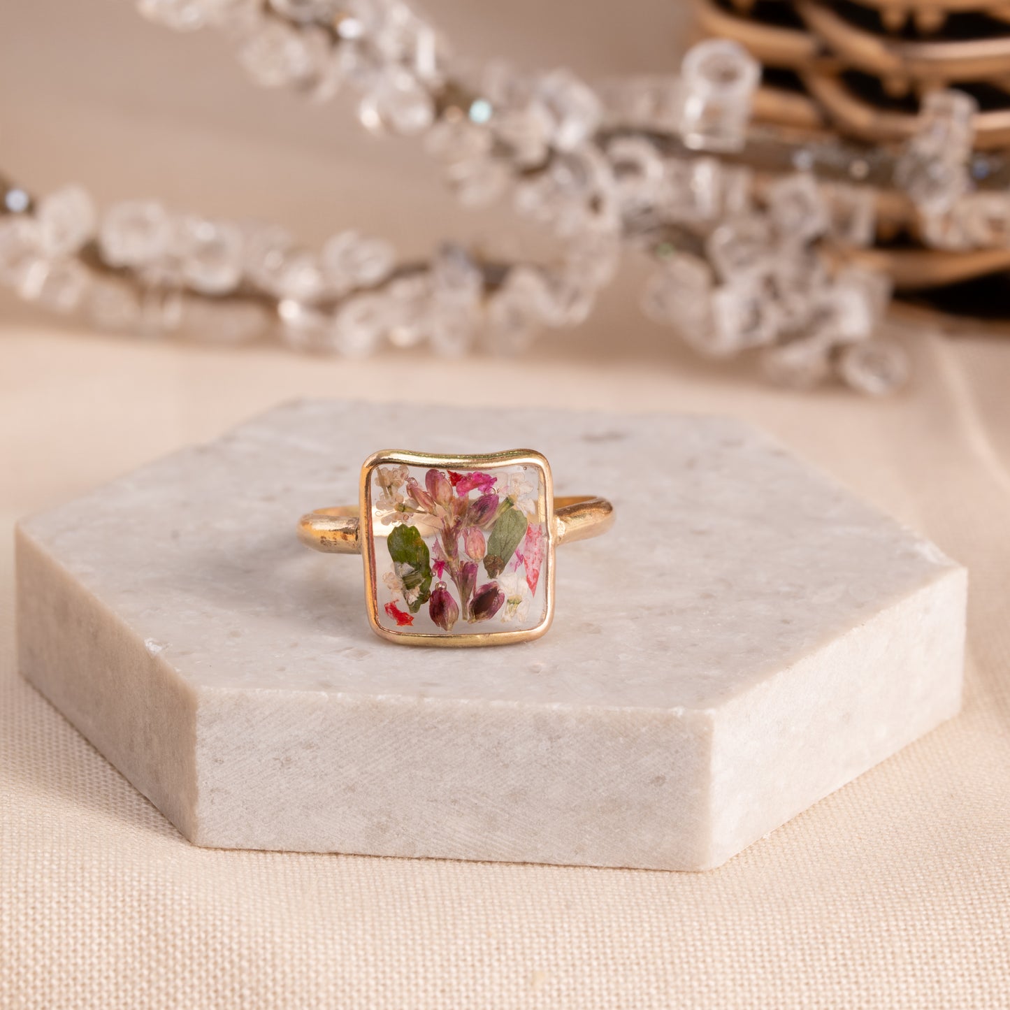 Pressed Flower Rings in Gold-Filled Metal – Artisan Crafted