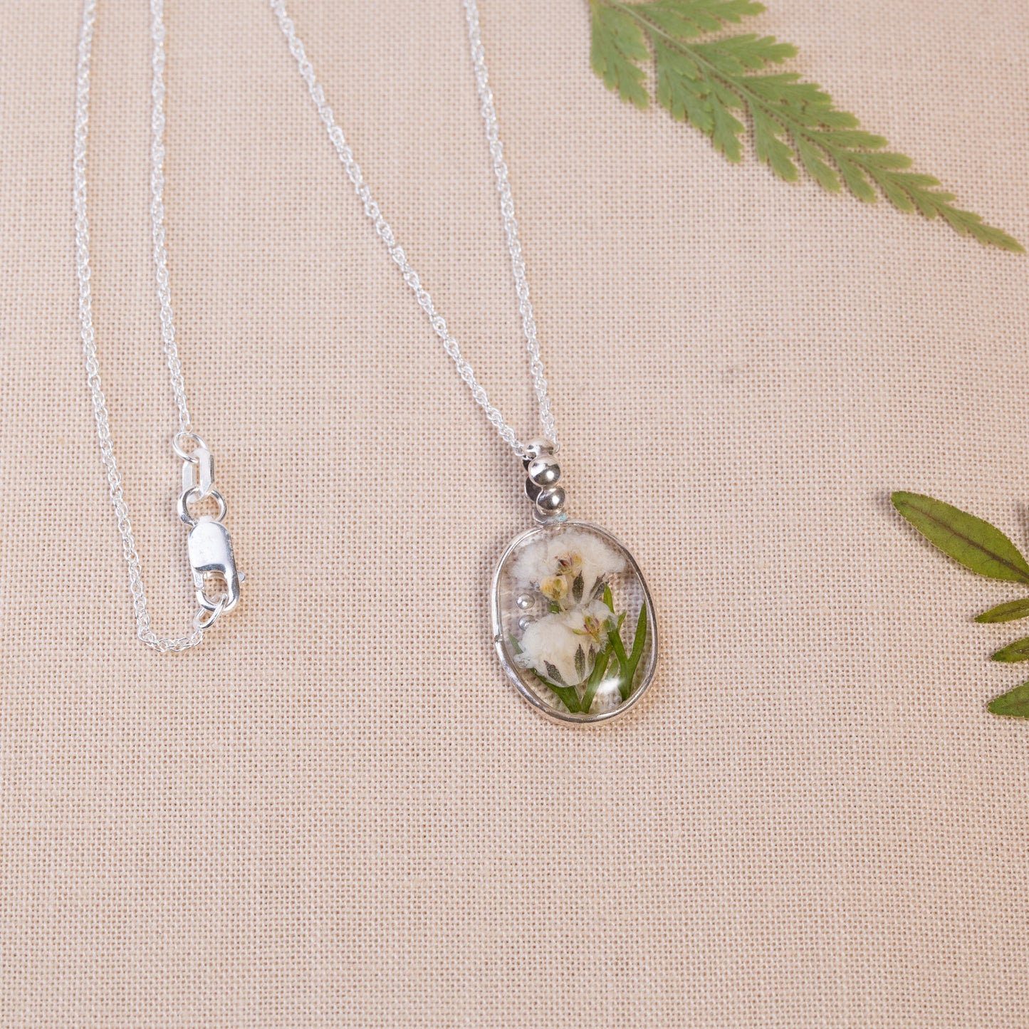 Nature-Inspired Sterling Silver Necklace with Pressed Flowers