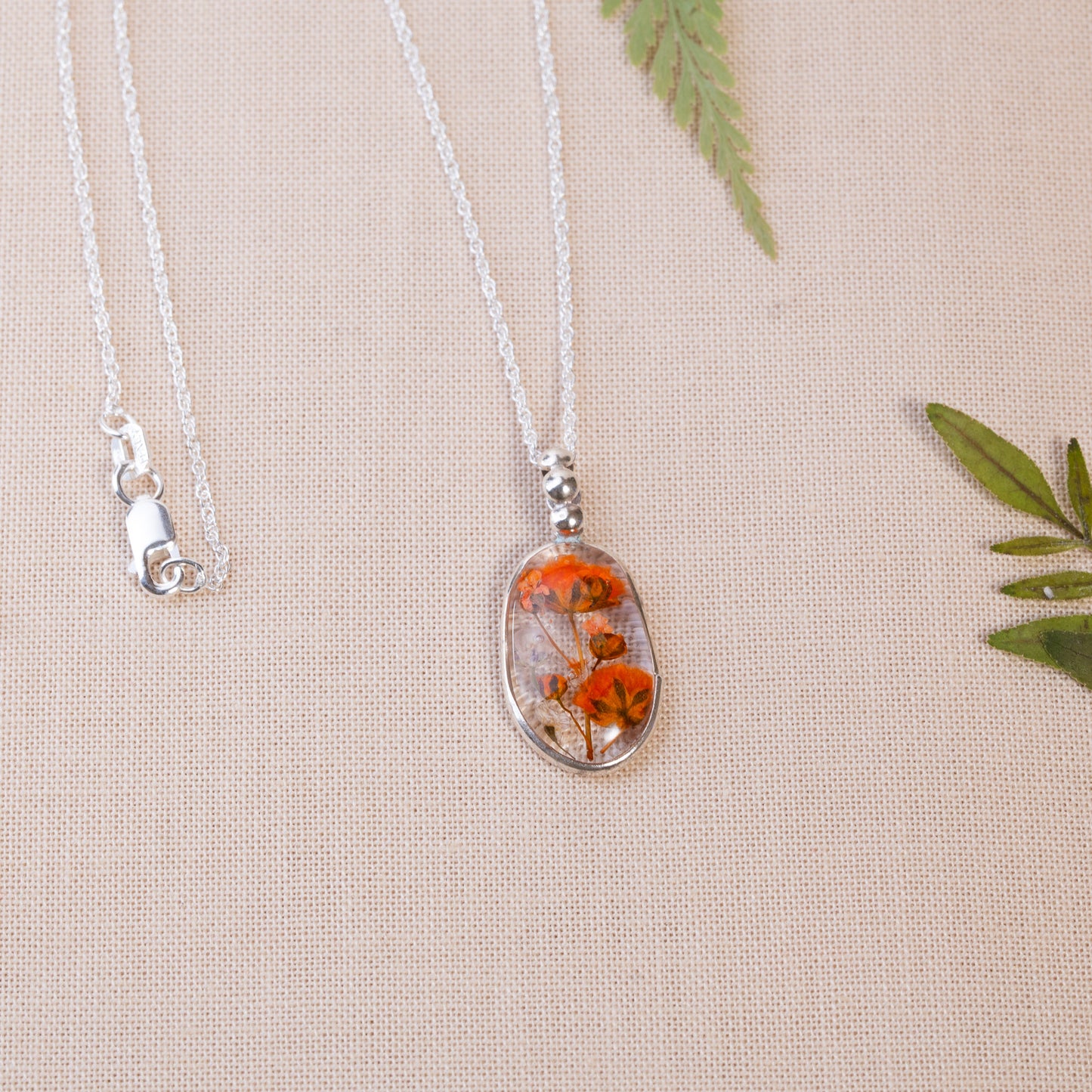 Sterling Silver Necklace with Real Floral Pressed Flowers