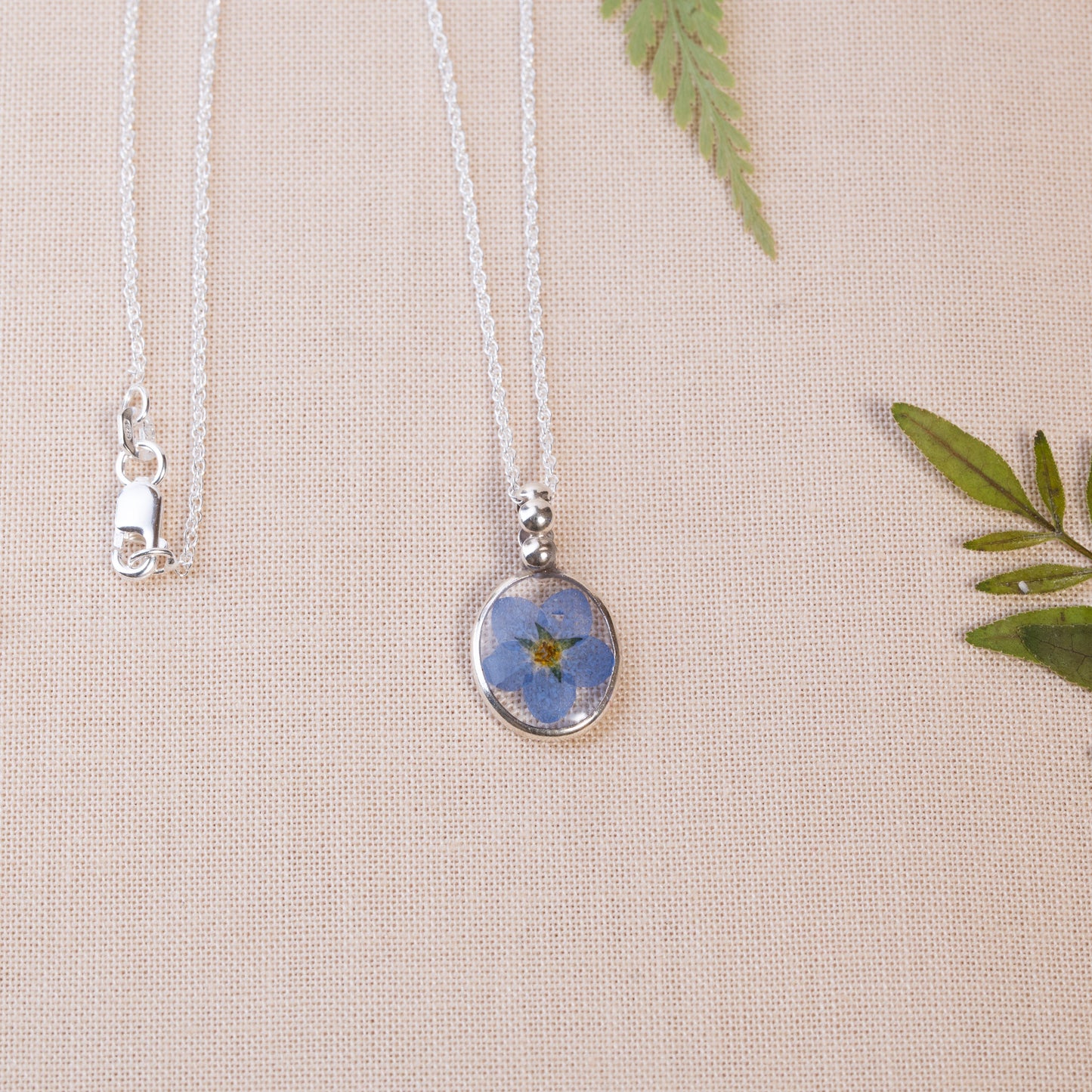 Sterling Silver Necklace with Floral Pressed Flowers