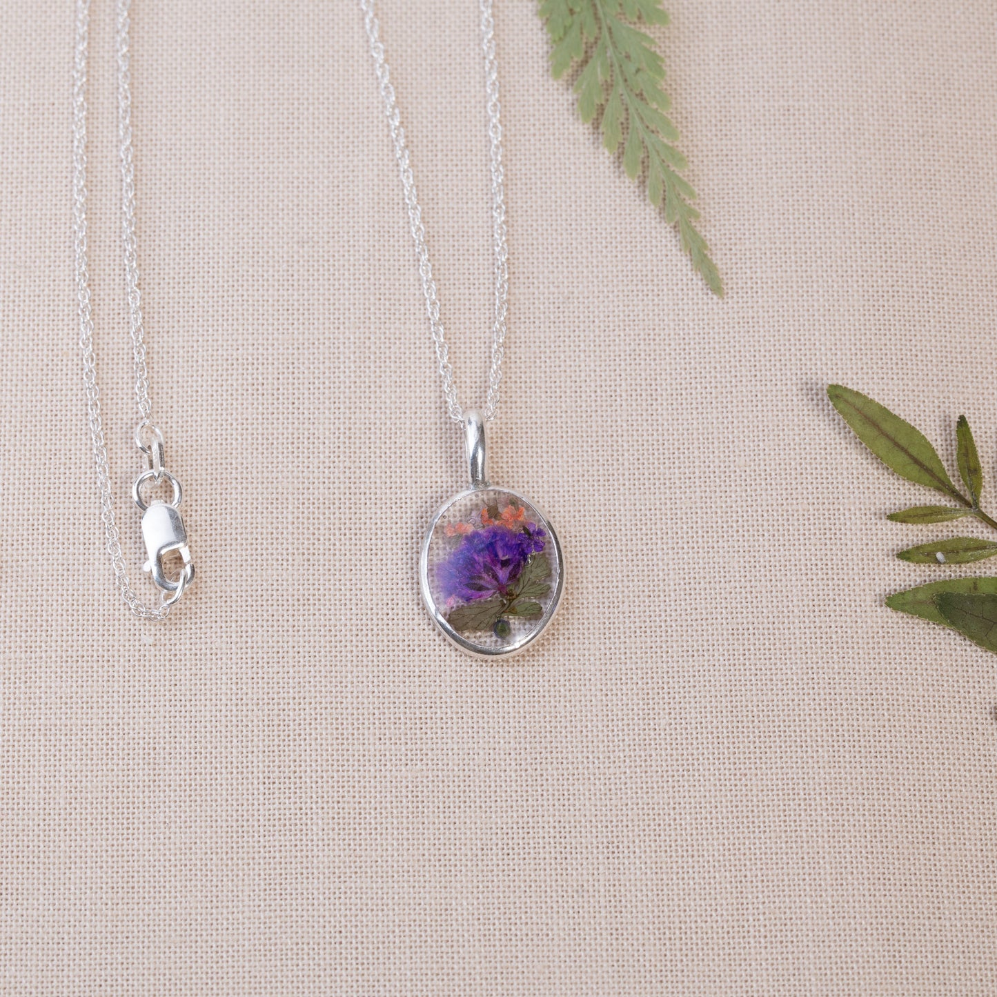 Sterling Silver Necklace with Handcrafted Pressed Flowers