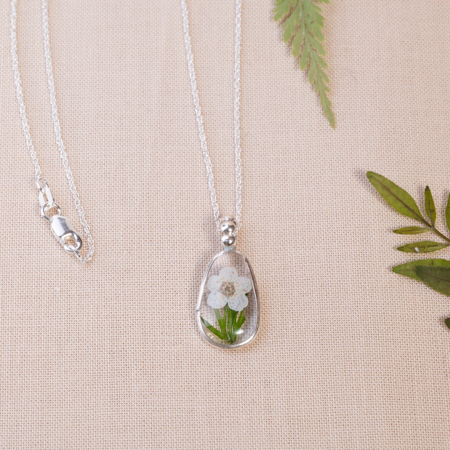 Handcrafted Sterling Silver Necklace with Fresh Pressed Flowers