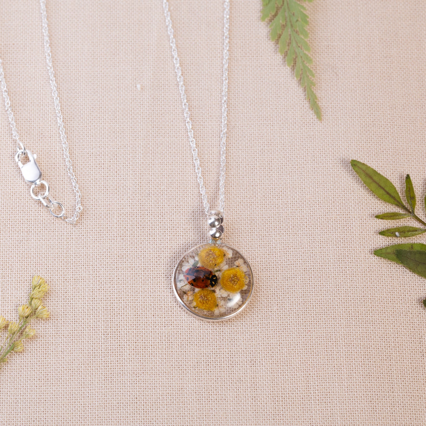 Sterling Silver Necklace Featuring Real Pressed Flowers