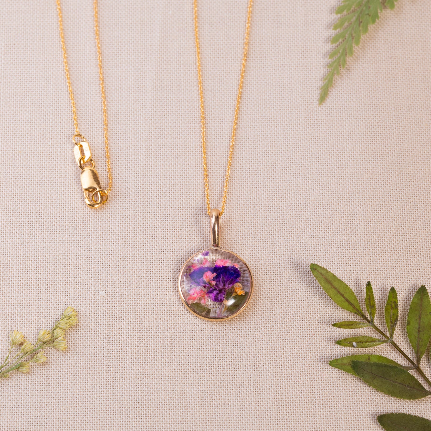 Gold-Filled Necklace with Handcrafted Pressed Flowers