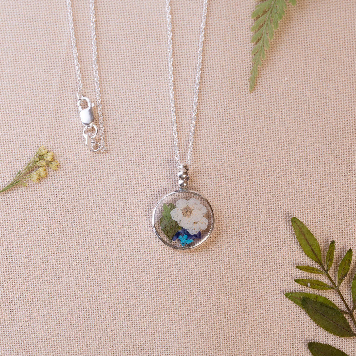 Sterling Silver Necklace with Pressed Flowers – Handmade Jewelry