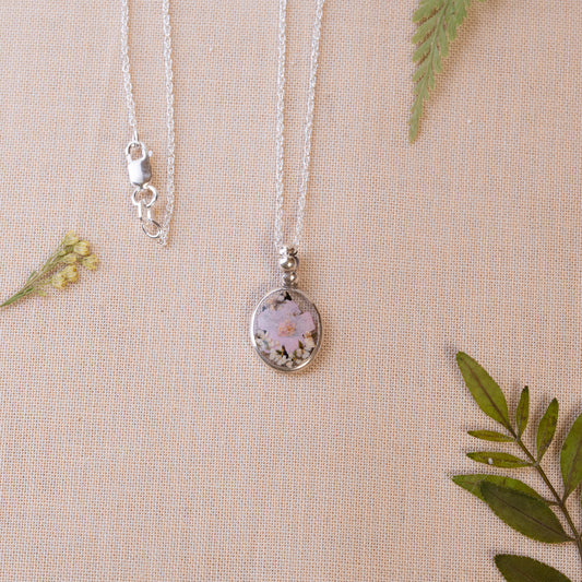 Handcrafted Sterling Silver Necklace with Real Pressed Flowers